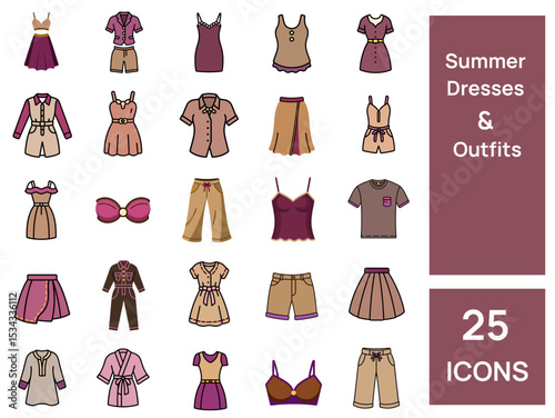 Summer Dresses and Outfits Icon Set in Various Styles and Colors  