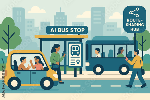 Smart transit hub with AI bus stop and route-sharing features in urban setting
