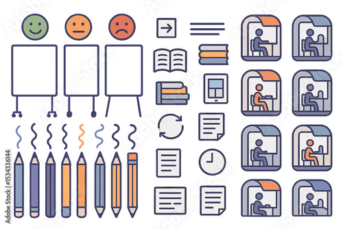 Icon set for educational environments featuring mood boards, study pods, and learning tools