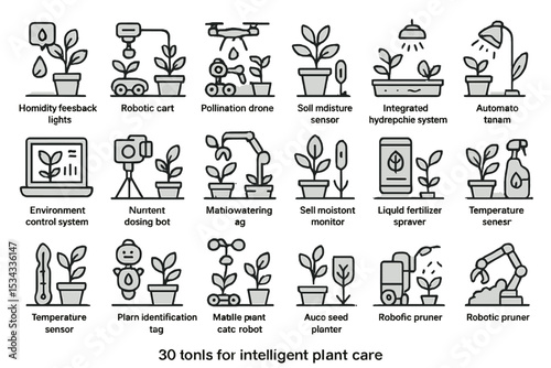 Icon set for intelligent plant care featuring smart sensors, robots, and automation tools