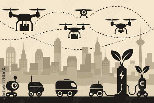 Futuristic city with delivery drones, autonomous ground robots, and plant-powered charging stations