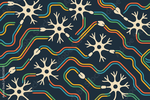 Seamless neural network pattern with colorful signal paths and abstract neurons