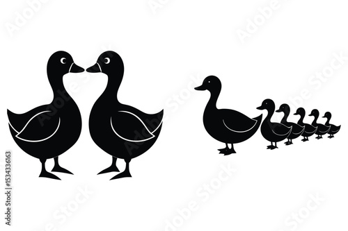 Set of duck silhouette on white background 