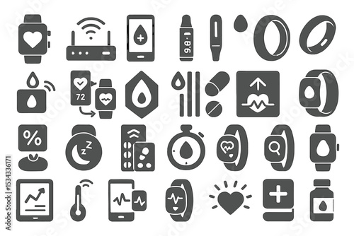 Icon set for health monitoring wearables, medication, and smart wellness tools