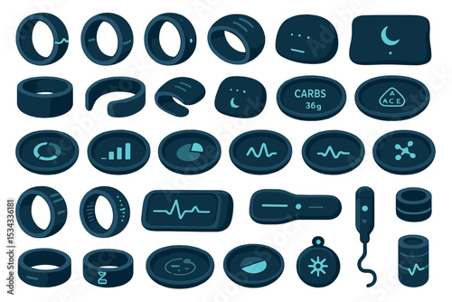 Smart wearable device icons including rings, sensors, and health trackers