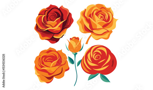 Photo of five stylized roses in fiery orange and red hues, isolated on white background