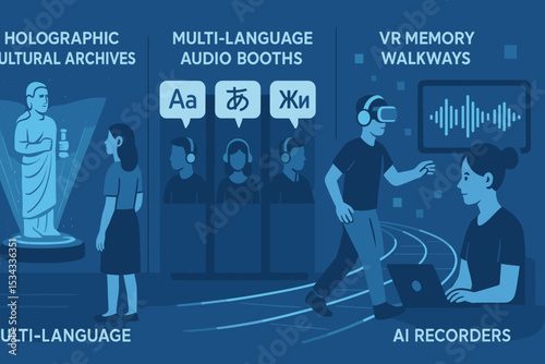 Futuristic museum concept with VR, AI, and multilingual technology