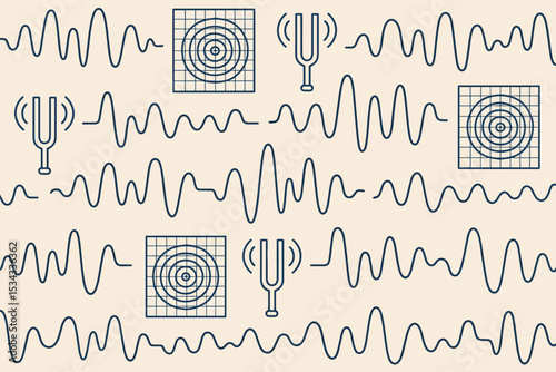 Seamless pattern of sound waves, tuning forks, and resonance grids