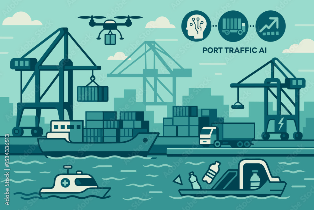 Fototapeta premium Smart port with AI-managed cargo, drones, autonomous vessels, and logistics