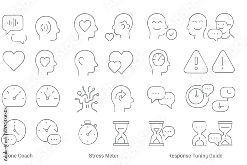 Emotional awareness icon set with heart, brain, stress meters, and response timing