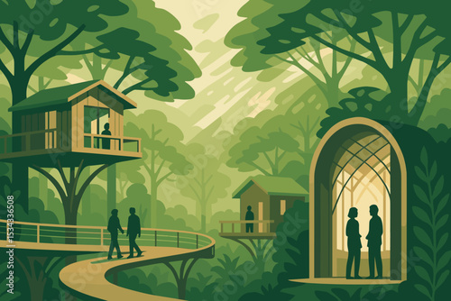 Futuristic eco-village with treehouses and forest walkways
