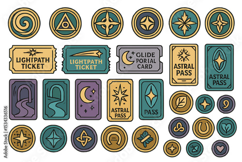 Fantasy ticket and token icon set with celestial and mystical travel symbols