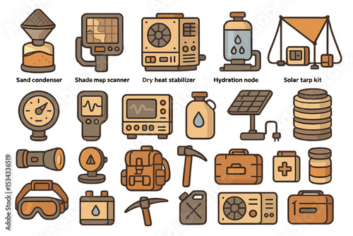 Desert survival gear icon set with hydration, solar tools, and scanners