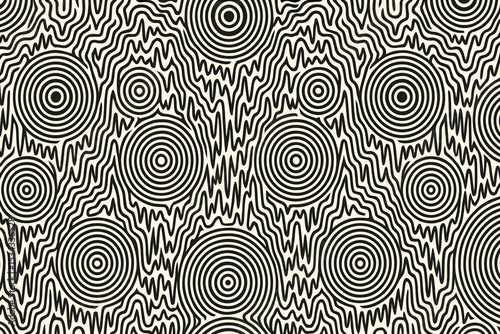 Abstract black-and-white pattern with concentric circles and wavy lines