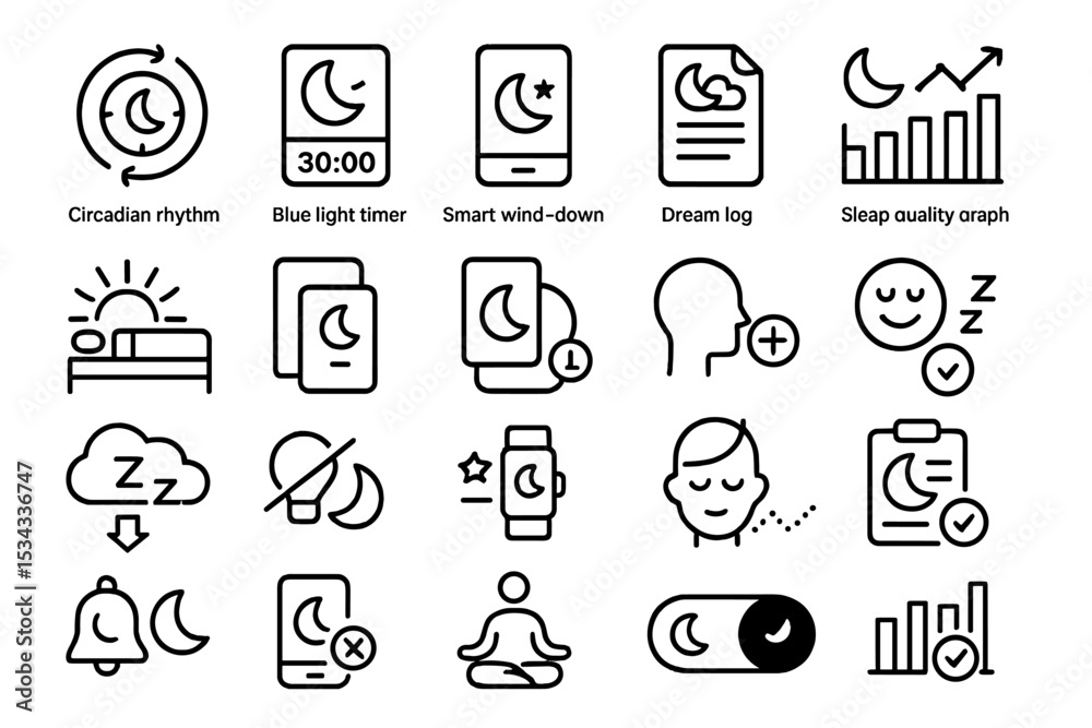 Sleep tracking and wellness icon set featuring circadian rhythm, dream logs, and wind-down tools Sleep tracking and wellness icon set featuring circadian rhythm, dream logs, and wind-down tools