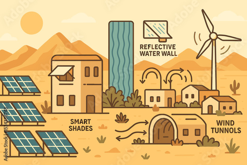 An illustration of futuristic sustainable desert architecture, showcasing innovative solutions like solar panels, smart shades, reflective water walls