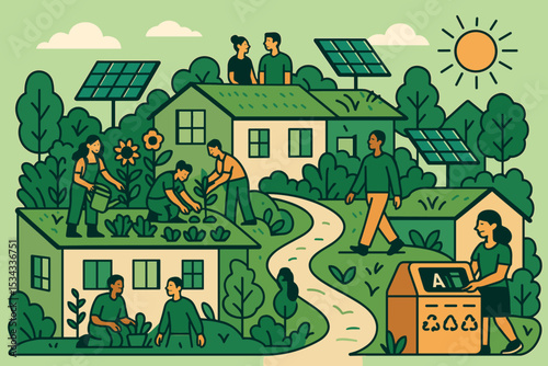 A vibrant, eco-friendly neighborhood scene with solar panels on rooftops, people gardening, and practicing sustainable living