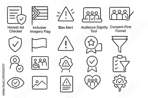 A set of line icons representing tools and concepts focused on ethics and inclusivity in advertising and content creation