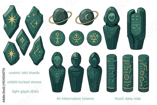 Set of mystical artifacts including cosmic idol shards, orbit-locked stones, light glyph disks, AI hibernation totems, and fossil data rods.