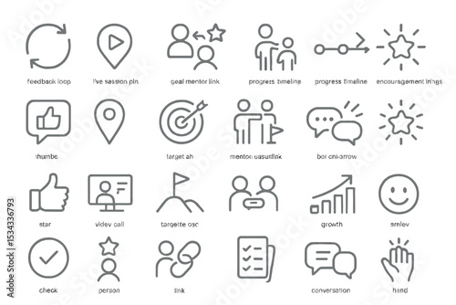 Set of icons for progress tracking, feedback loops, goal-setting, and mentorship.