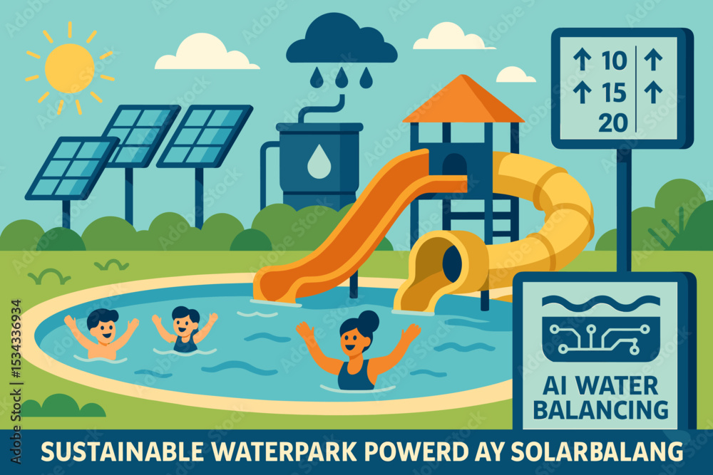 Naklejka premium Illustration of solar-powered smart waterpark with AI water management