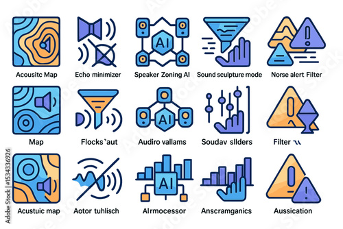Vibrant AI sound control icons with acoustic maps and filters