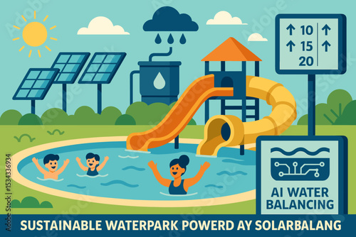 Illustration of solar-powered smart waterpark with AI water management
