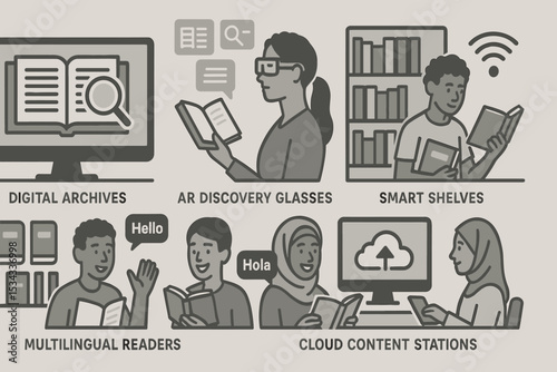 Modern library technology concepts with readers and digital tools