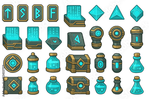 Futuristic magical item icons with glowing runes, potions, and tech artifacts