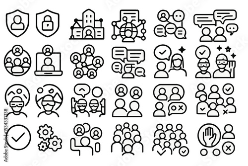 Monochrome user group and communication icon set with privacy, chat, and team visuals