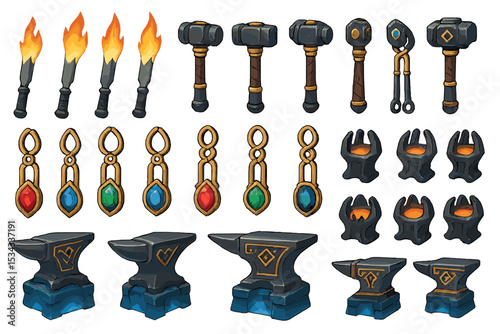 Fantasy blacksmith icons with torches, hammers, anvils, gems, and forges