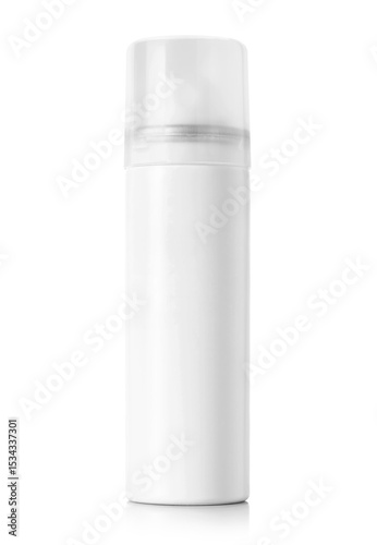 White cosmetic pump bottle with transparent cap isolated on white background for packaging or product mockup