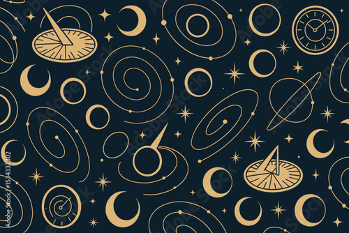 Cosmic pattern featuring suns, moons, stars, planets, and sundials in a dark, celestial style.