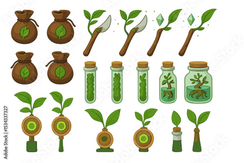 Set of illustrated fantasy plant items with potions, tools, and seedlings