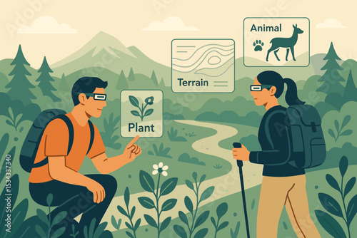 Hikers using smart glasses to identify plants, animals, and terrain