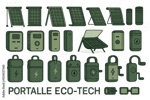 Set of portable eco-tech icons with solar panels and power banks