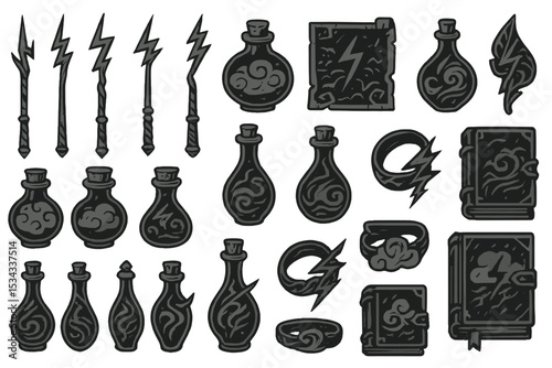 Set of fantasy spell icons with potions, books, and magic symbols