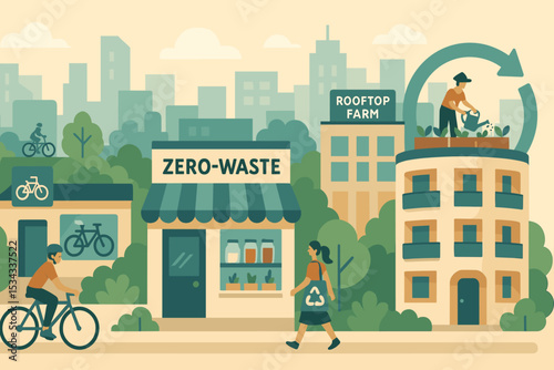Eco-friendly city lifestyle with cycling, zero-waste store, rooftop farm