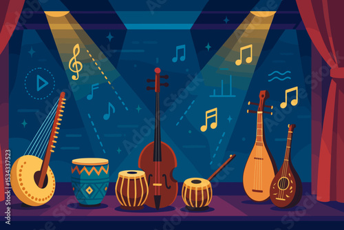 Flat style illustration of traditional world musical instruments on stage