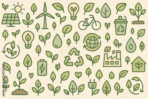 A collection of eco-friendly and sustainable energy icons, featuring solar panels, wind turbines, recycling symbols, electric bikes, energy-saving