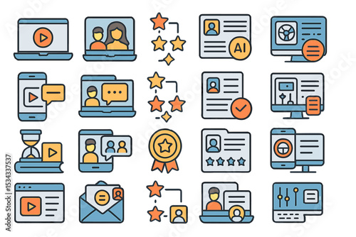 A collection of colorful icons related to digital communication, video conferencing, online profiles, and AI-based ratings