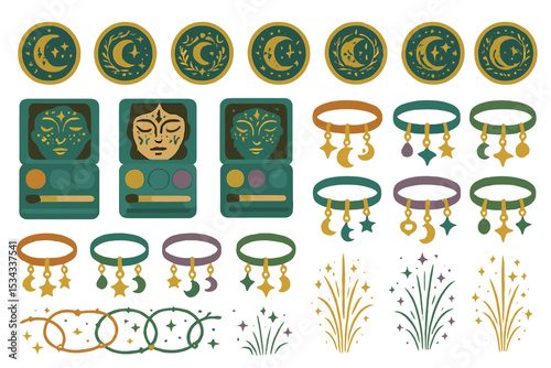 A collection of mystical beauty accessories, including moon and star-themed makeup palettes, decorative rings, and symbolic designs