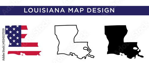 Louisiana Map Set with American Flag and State Name USA Northern State Vector Collection