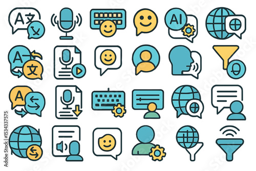 A collection of colorful icons representing language translation, speech recognition, and AI-driven communication