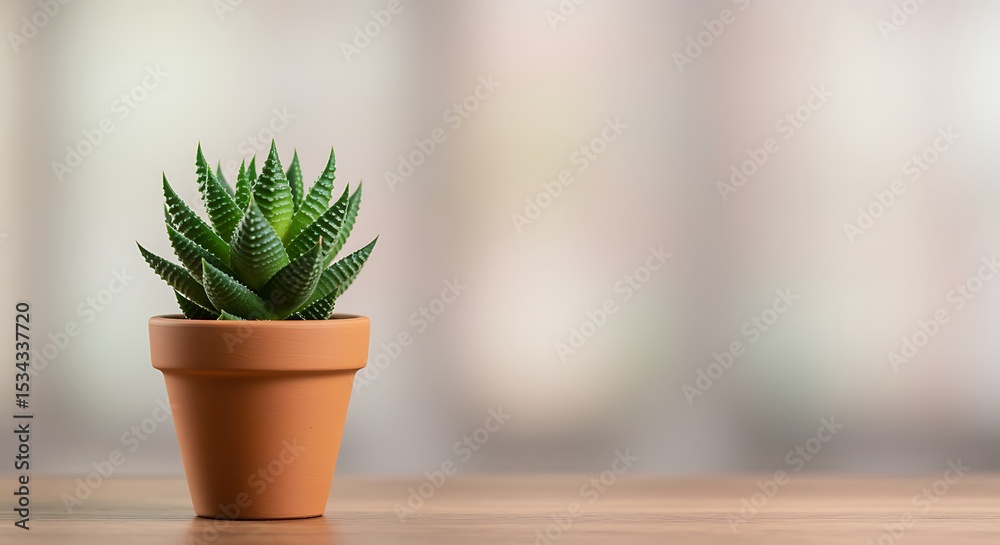 Fototapeta premium Small Green Haworthia Plant in Terracotta Pot on Wooden Table