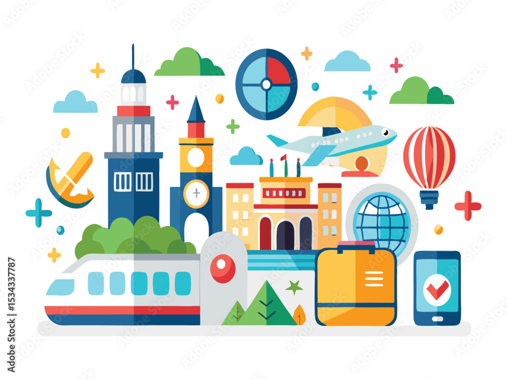 Obraz premium travel illustration with icons of airplane train and hot air balloon isolated on white background 