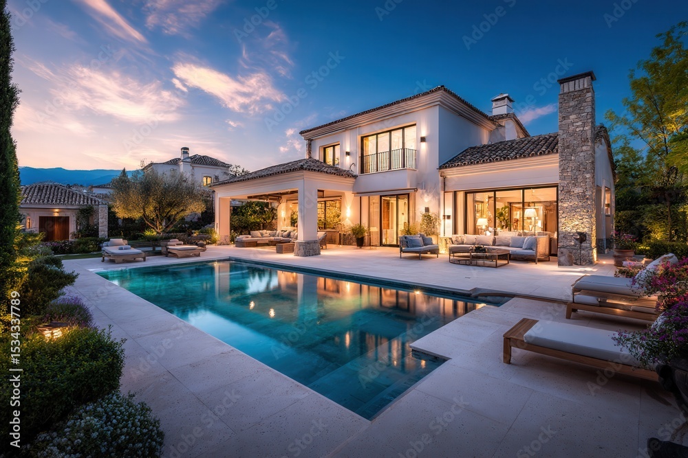 Fototapeta premium luxury mediterranean villa at dusk with illuminated interior, private swimming pool, elegant outdoor seating, stone chimney, manicured garden, and serene atmosphere in an upscale residential area