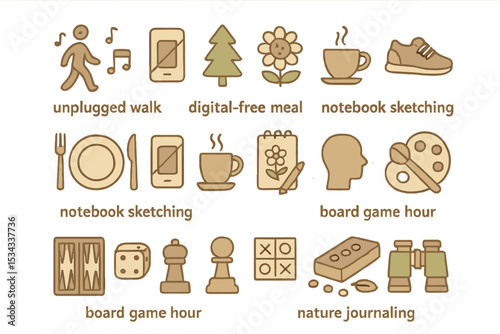 Warm-toned icons for digital detox, sketching, and offline play