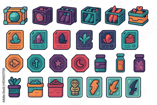 Fantasy resource and inventory icons in colorful game-style design