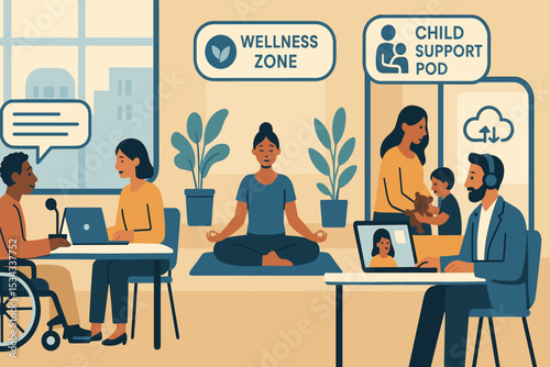 Illustration of a modern office with spaces for wellness and child support, promoting work-life balance.